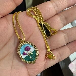 18k gold plated Gold Pendant Necklace with Purple Rose Design